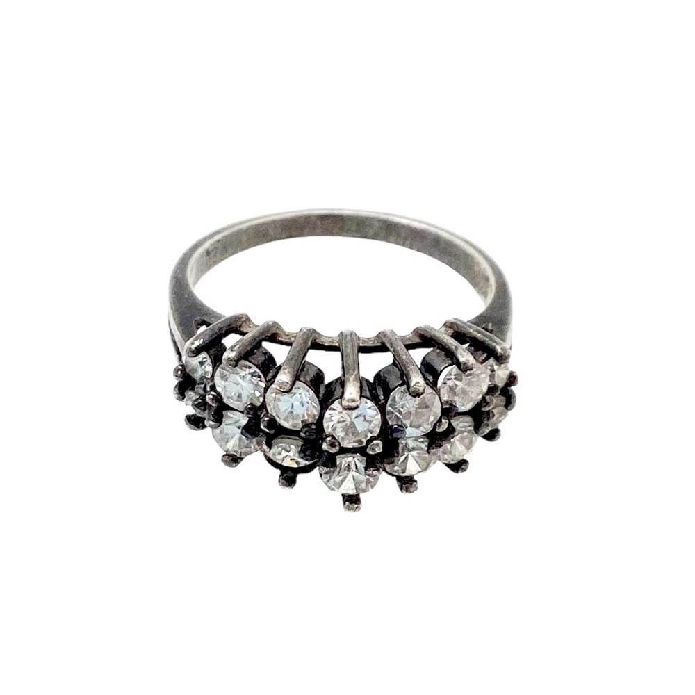 Vintage Woman Cocktail Ring Size 6.25 Oxidized 925 Sterling Silver Ice Clear CZ